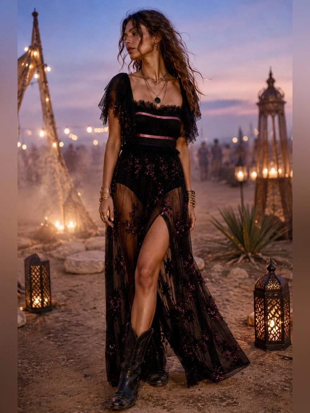 Free People Just A Dream Maxi Bodysuit Black Sequin Sheer Mesh Dress Size Small - Picture 4 of 16